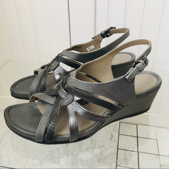 Ecco Touch 45 Grey Leather Wedge Heels Sandals - Picture 2 of 14